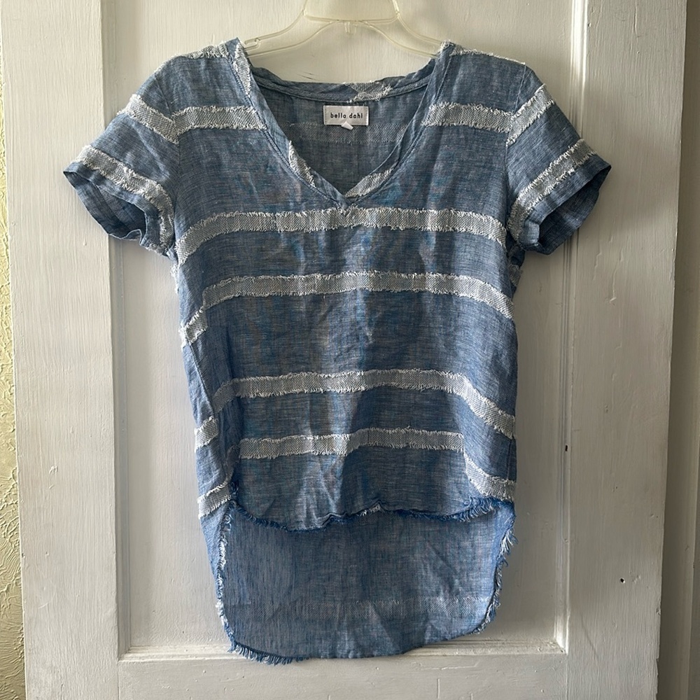Bella Dahl Boho Lagenlook Linen Short Sleeve Hi-Low Blouse Top